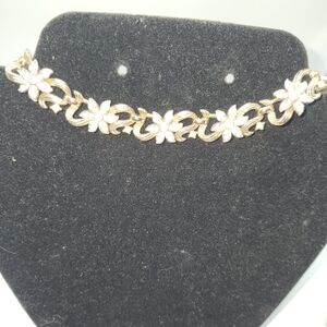 Vintage Trafari Gold and Rhinestone Floral Necklace bracelet and clip earrings